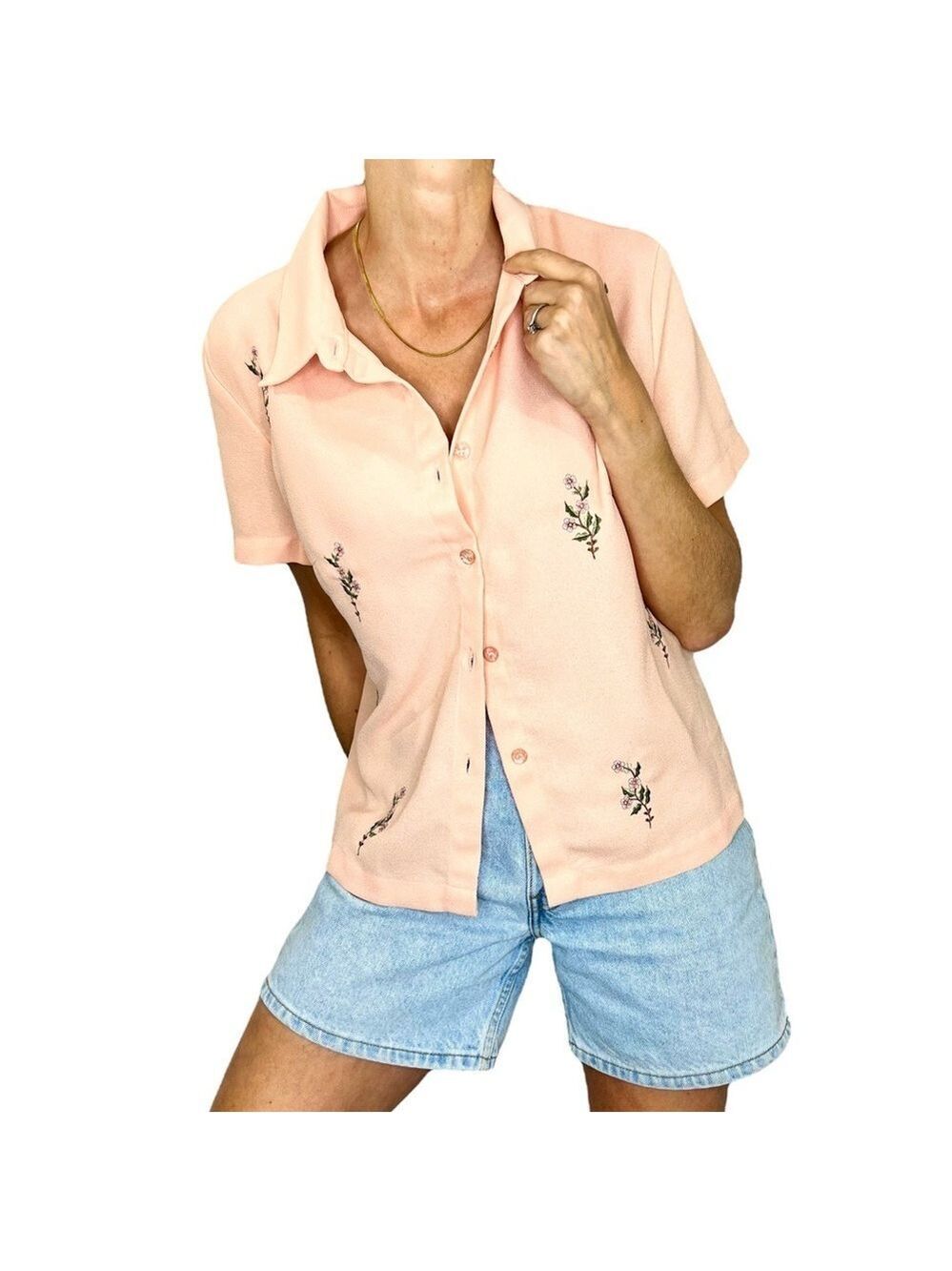Vintage 80s 90s peach floral embroidered short sleeve blouse top 14